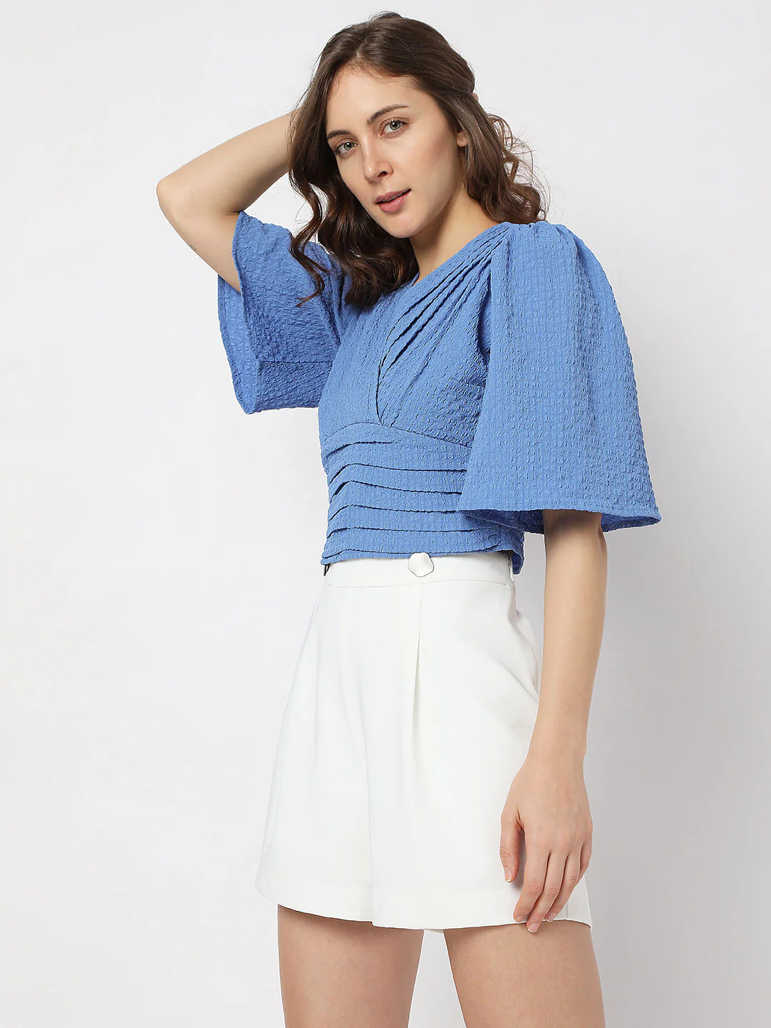 Blue Textured Pleated Crop Top - Image 3