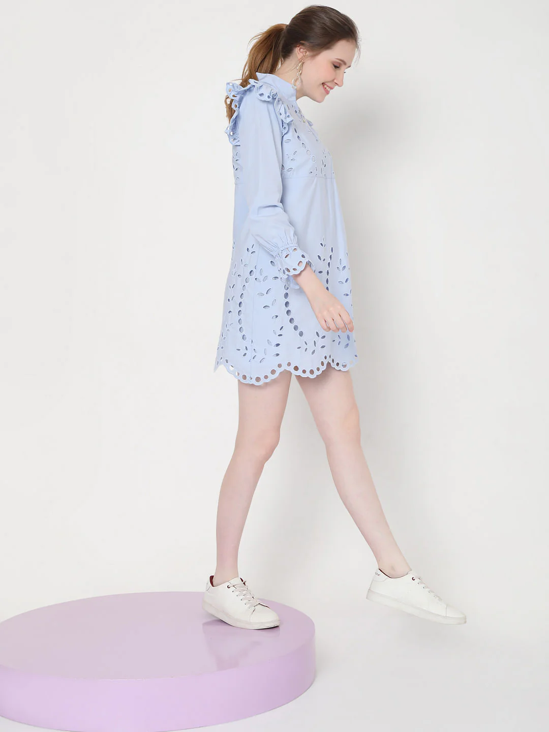 Blue Schiffli Embroidered Mini Dress