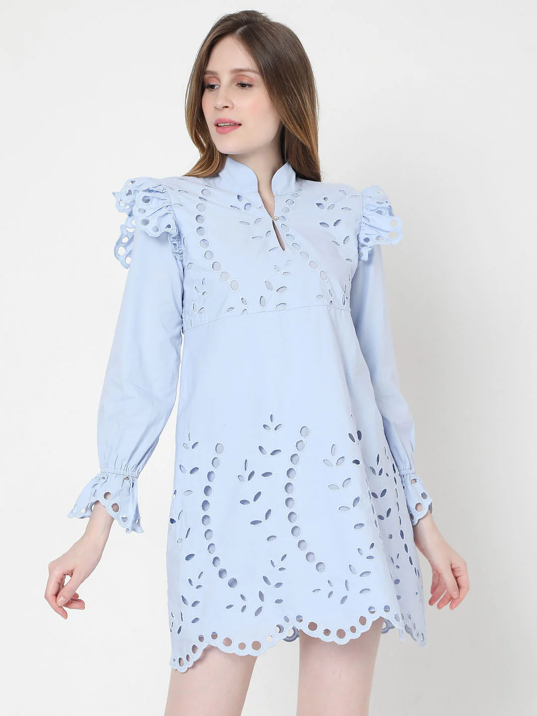 Blue Schiffli Embroidered Mini Dress - Image 2