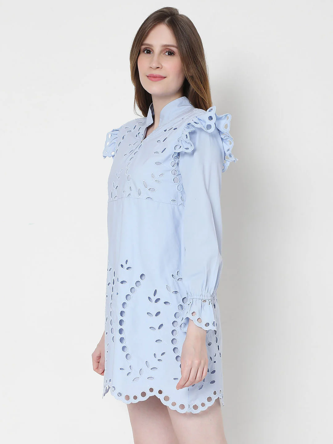 Blue Schiffli Embroidered Mini Dress - Image 3