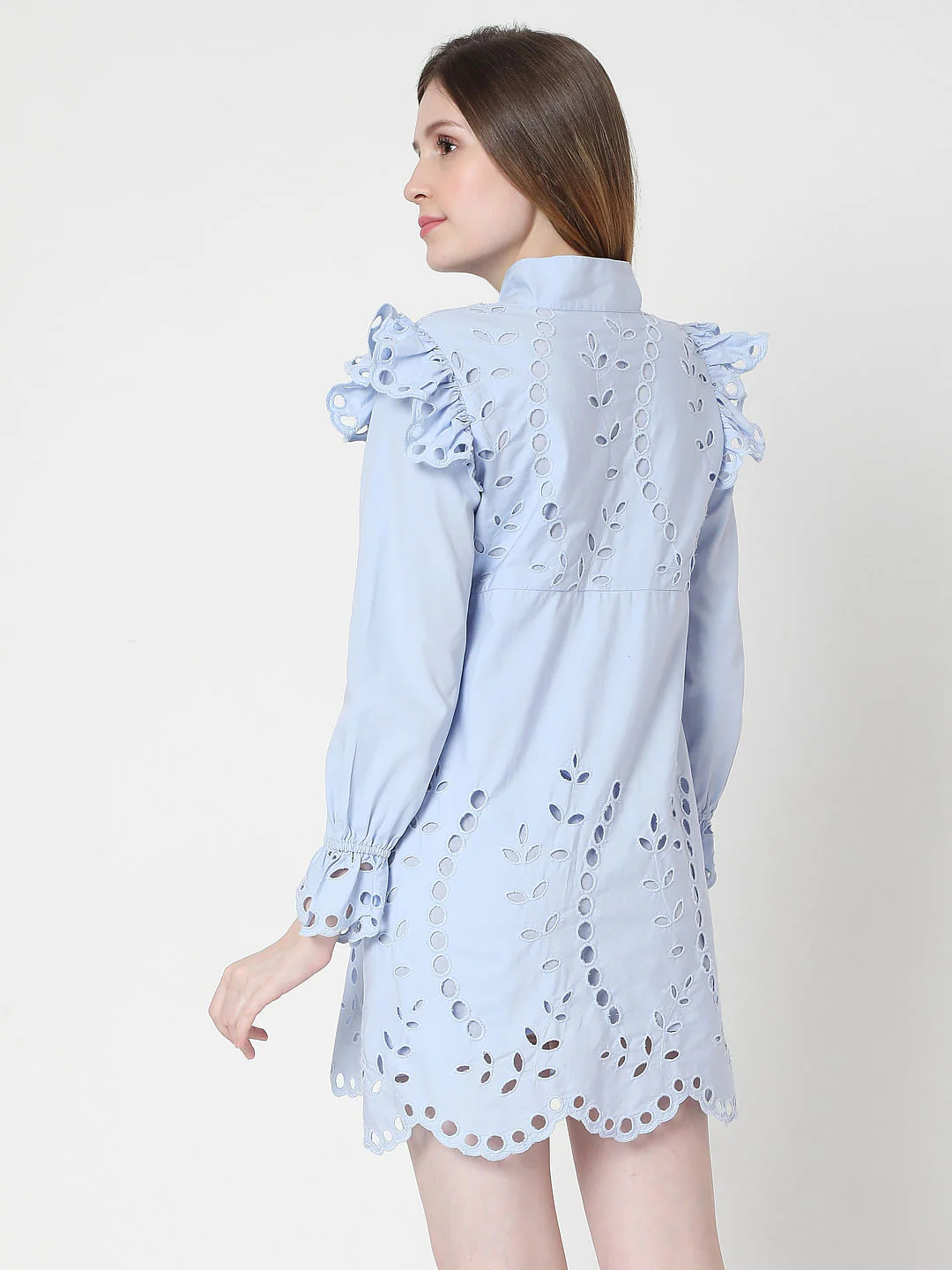 Blue Schiffli Embroidered Mini Dress - Image 4