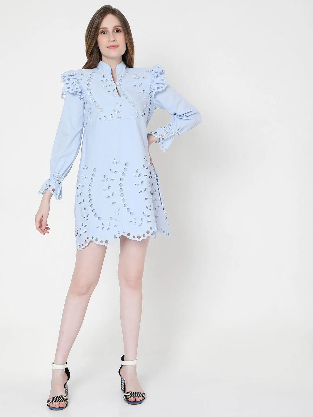 Blue Schiffli Embroidered Mini Dress - Image 5