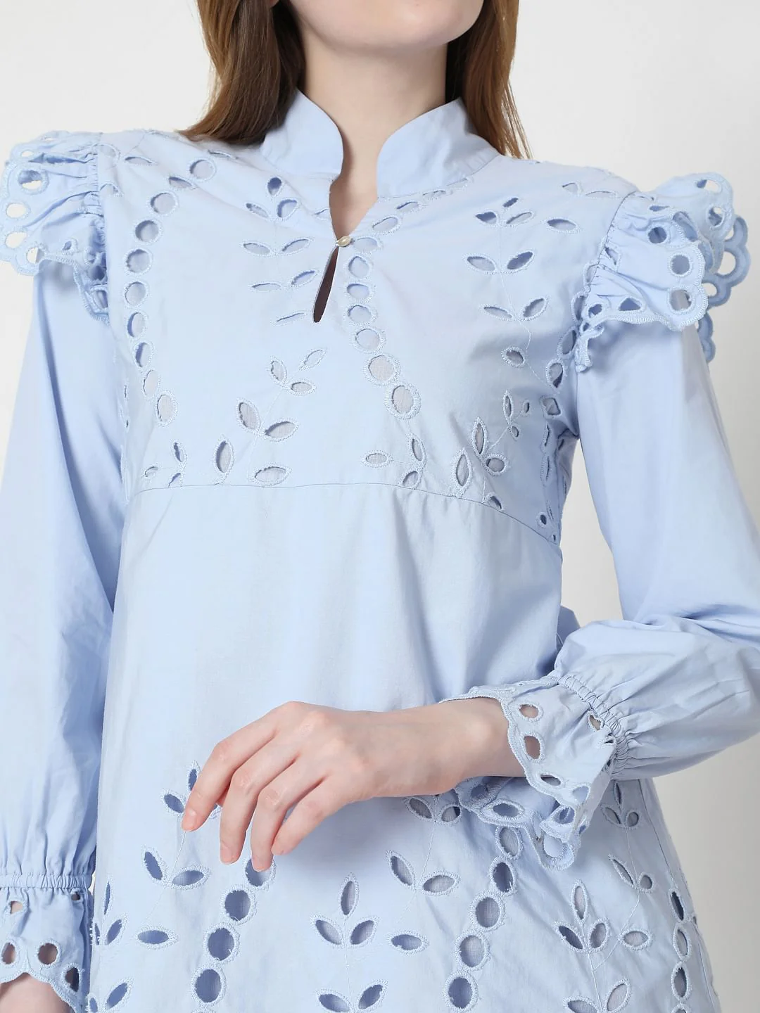 Blue Schiffli Embroidered Mini Dress - Image 6