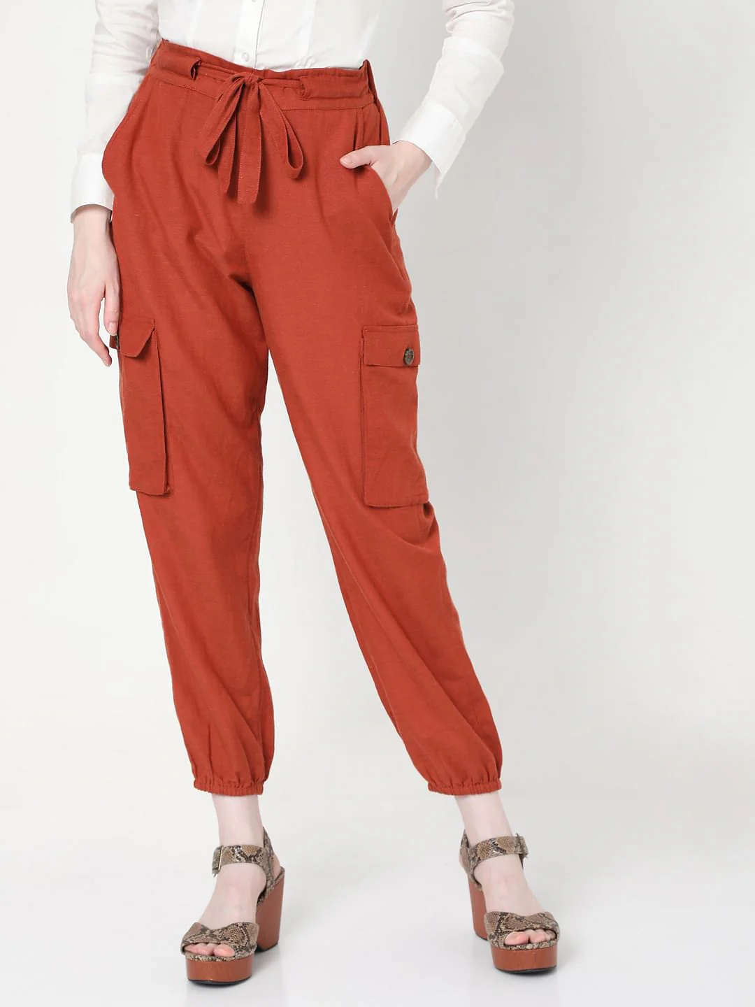 Brown High Rise Tie Up Pants - Image 2