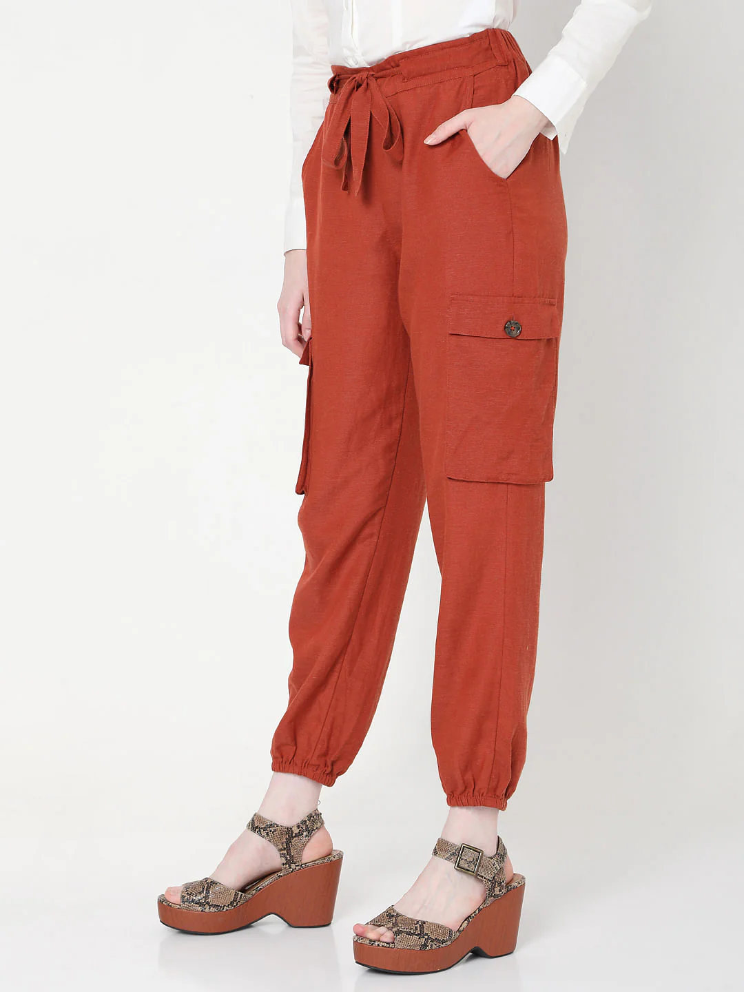 Brown High Rise Tie Up Pants - Image 3
