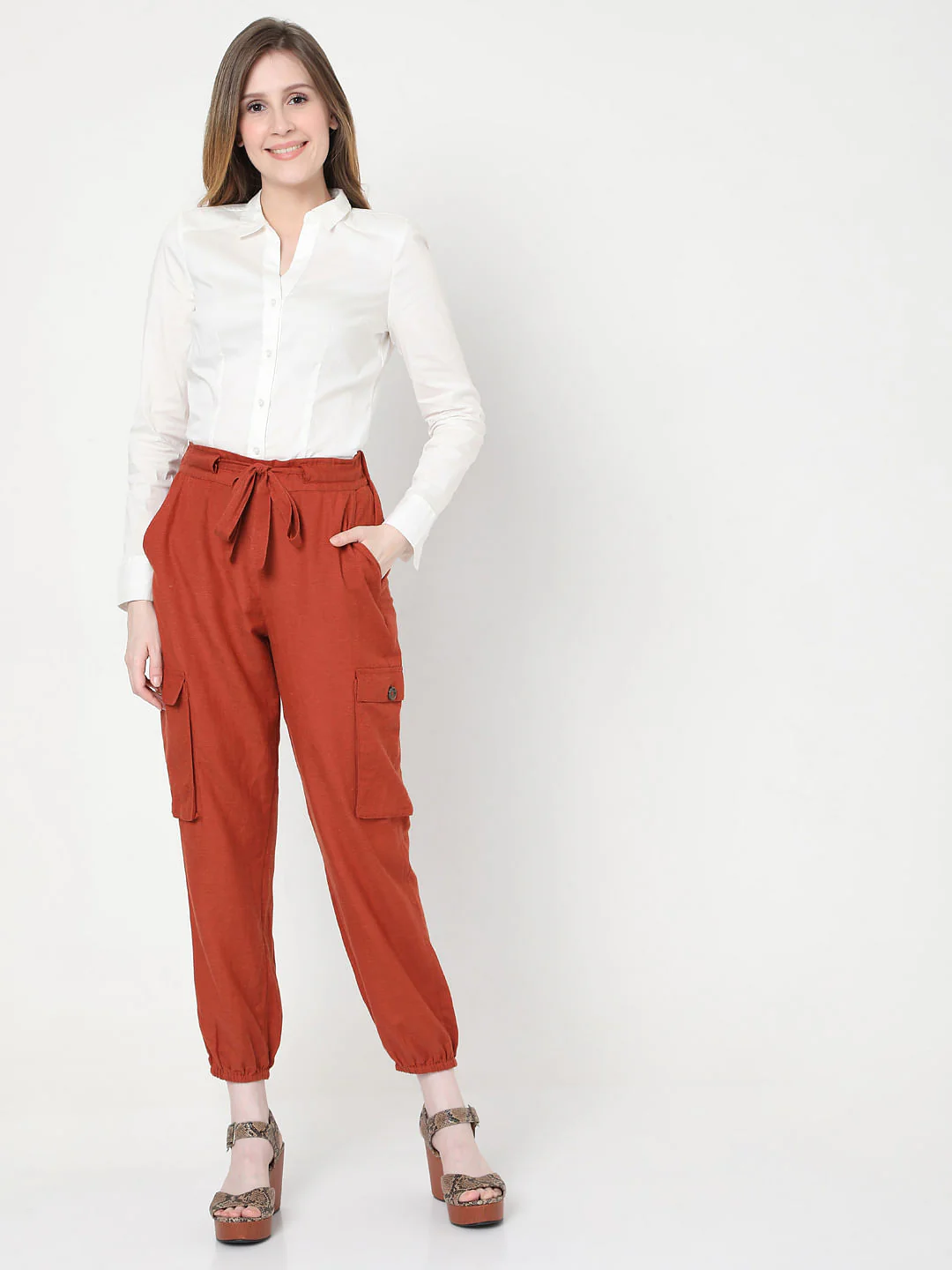 Brown High Rise Tie Up Pants - Image 6