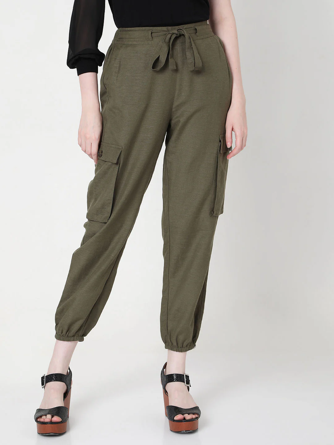 Green High Rise Tie Up Pants - Image 2