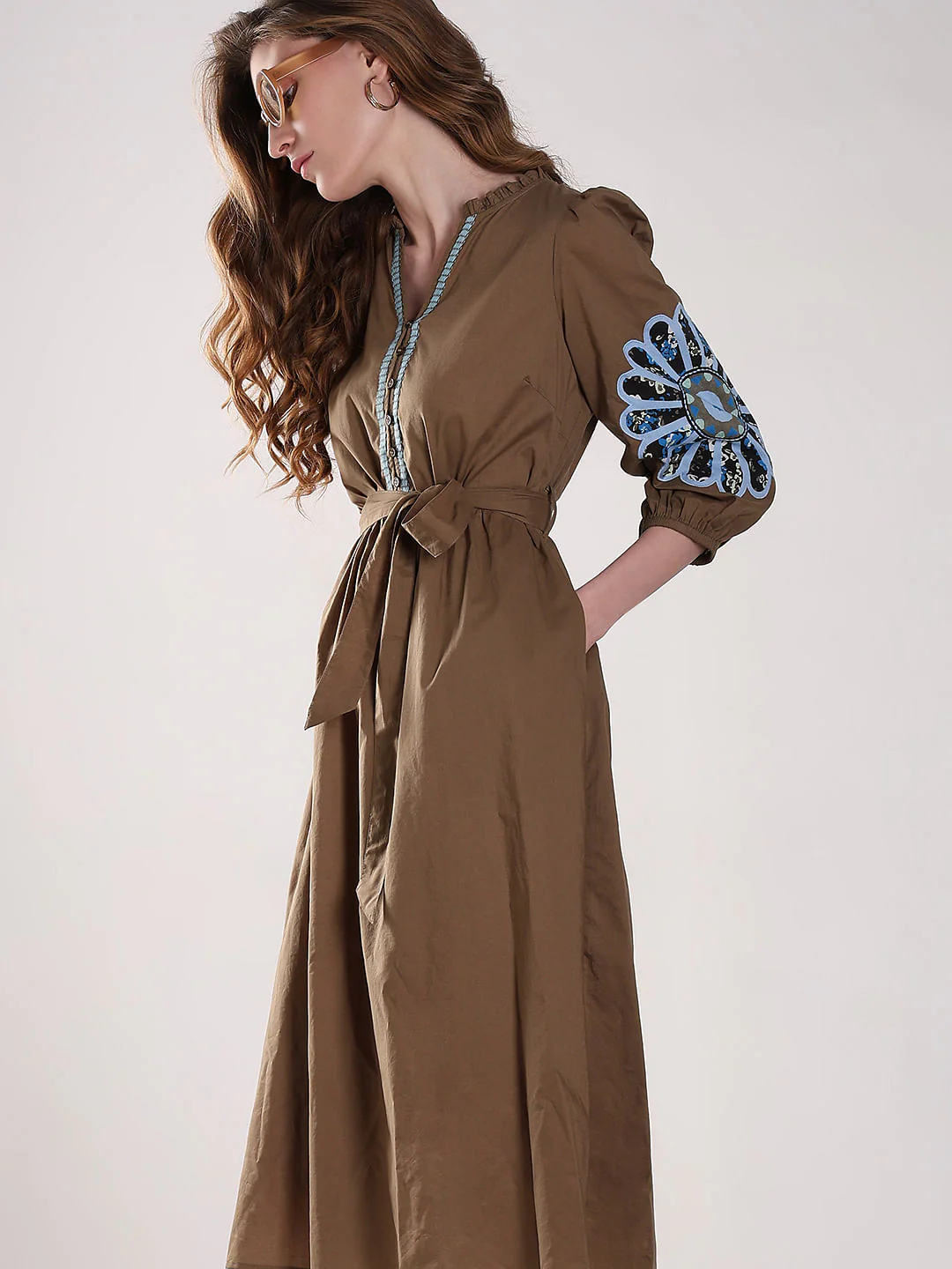 Brown Embroidered Midi Dress