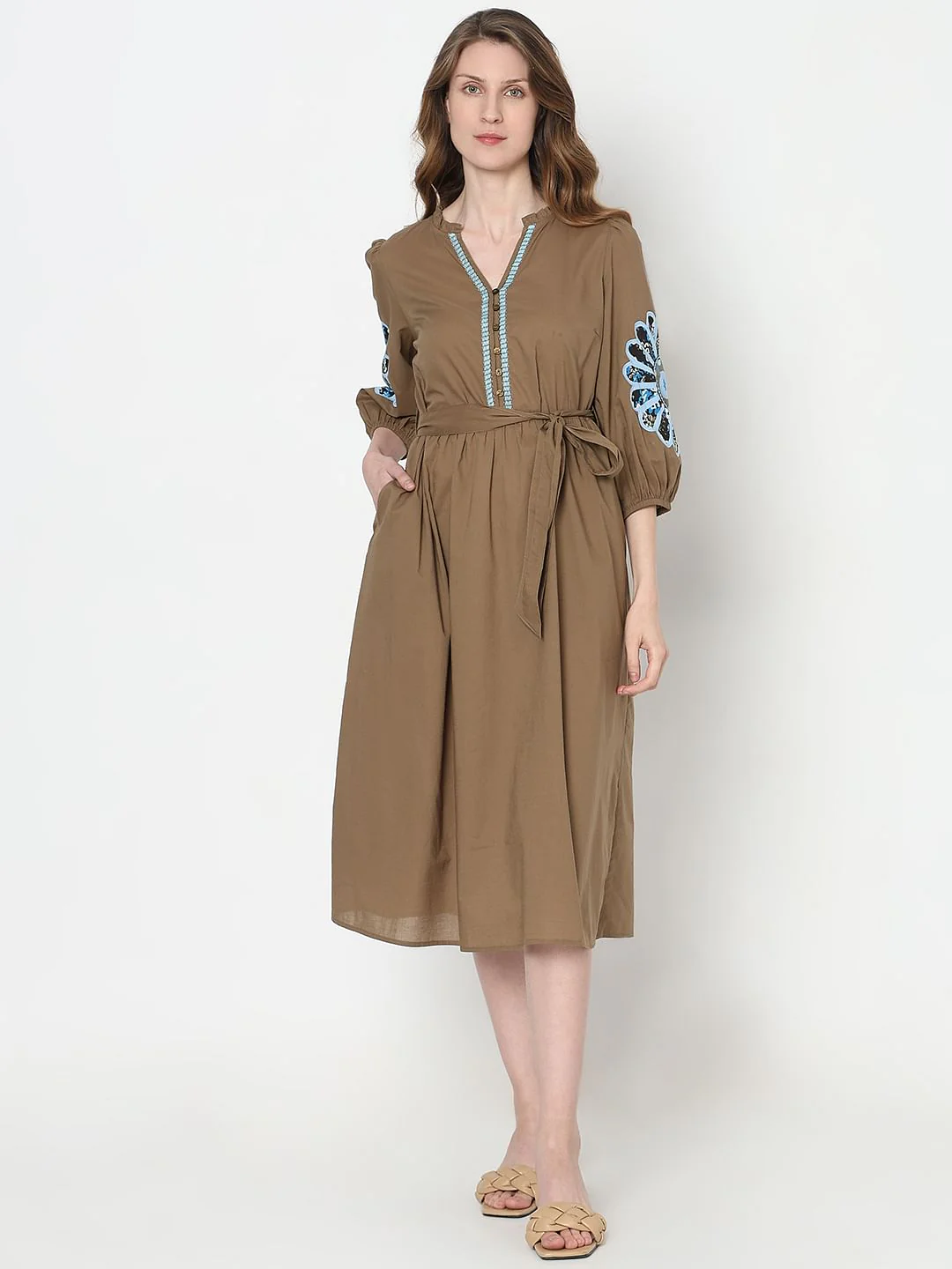 Brown Embroidered Midi Dress - Image 2