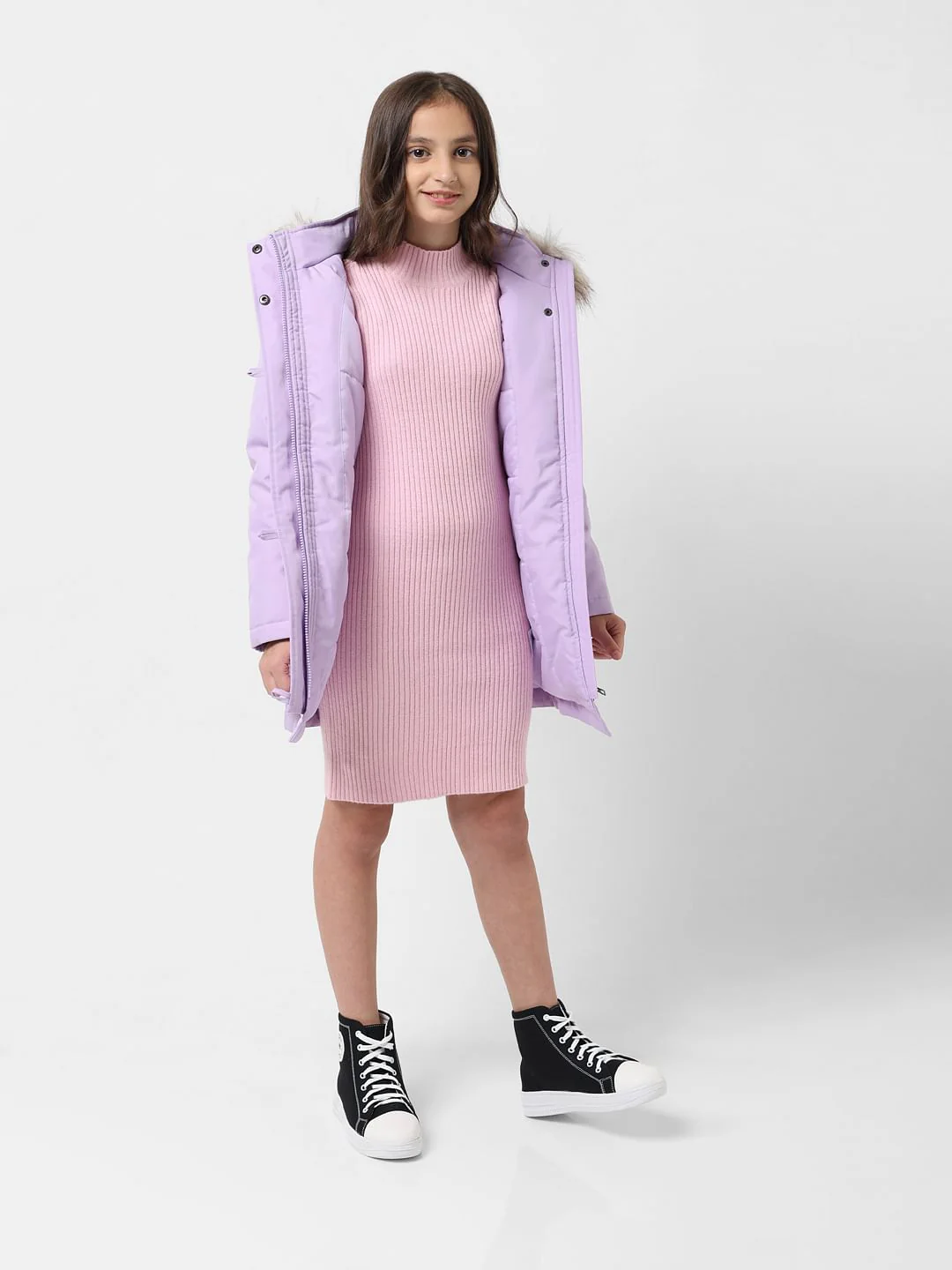 Girl Pink Ribbed Sweater Dress