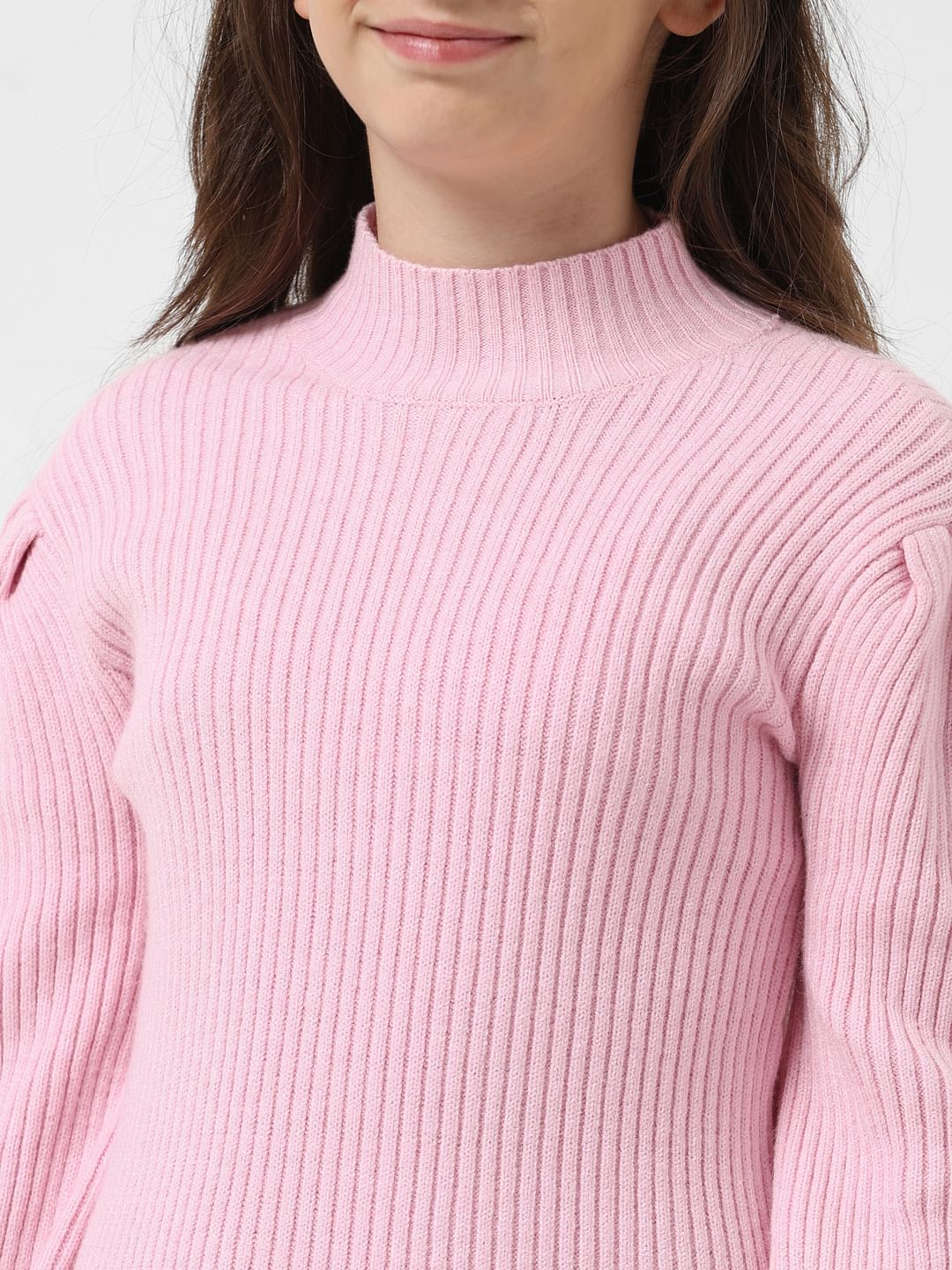 Girl Pink Ribbed Sweater Dress - Image 4