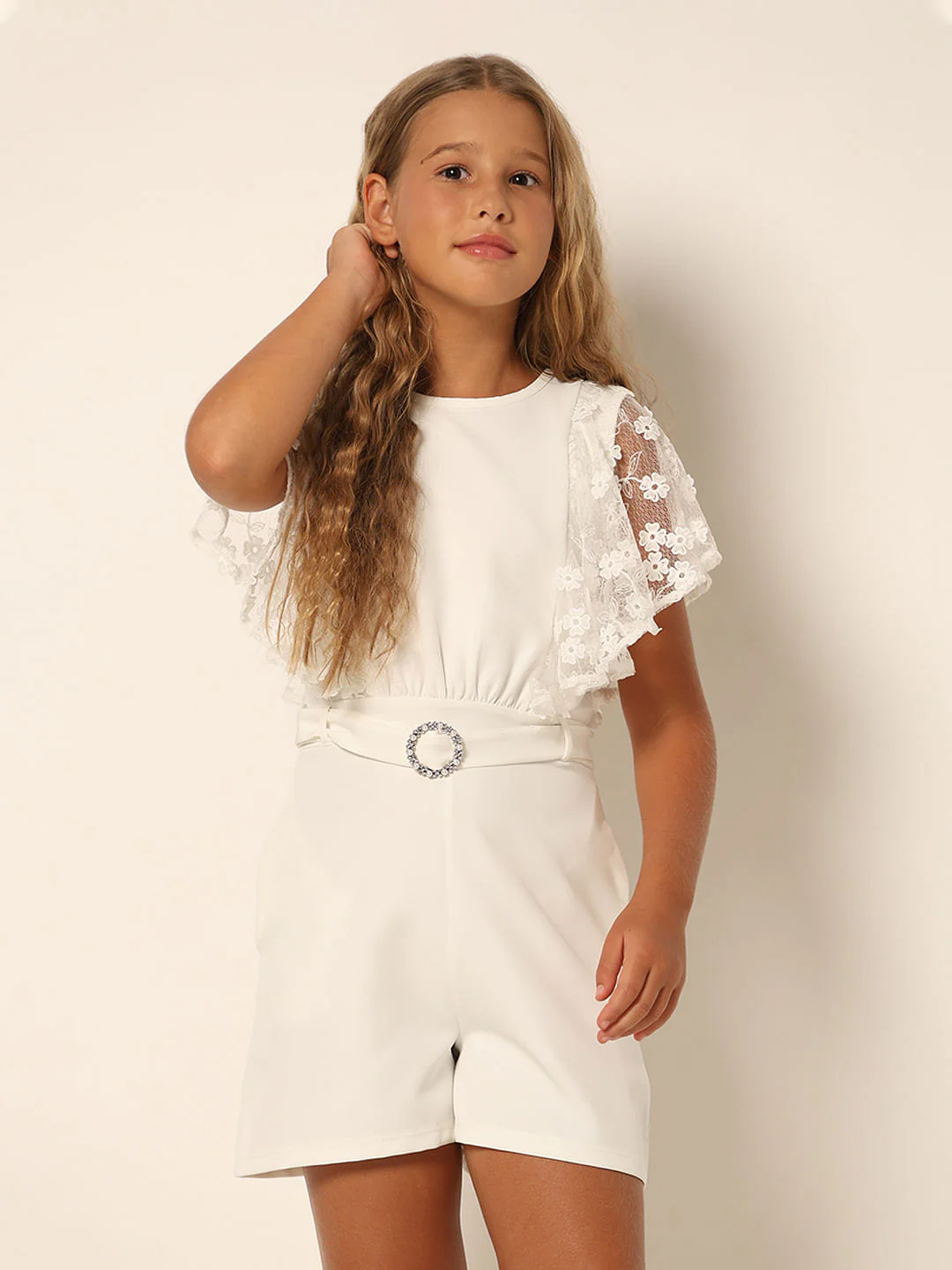 Girls White Flared Sleeves Playsuit - Image 2