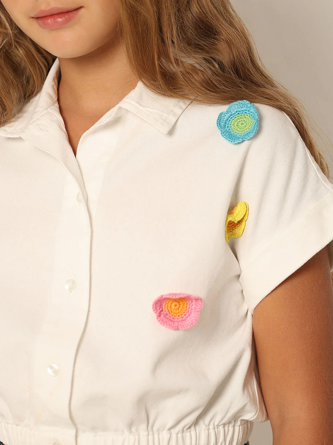White Crochet Flower Detail Shirt - Image 4
