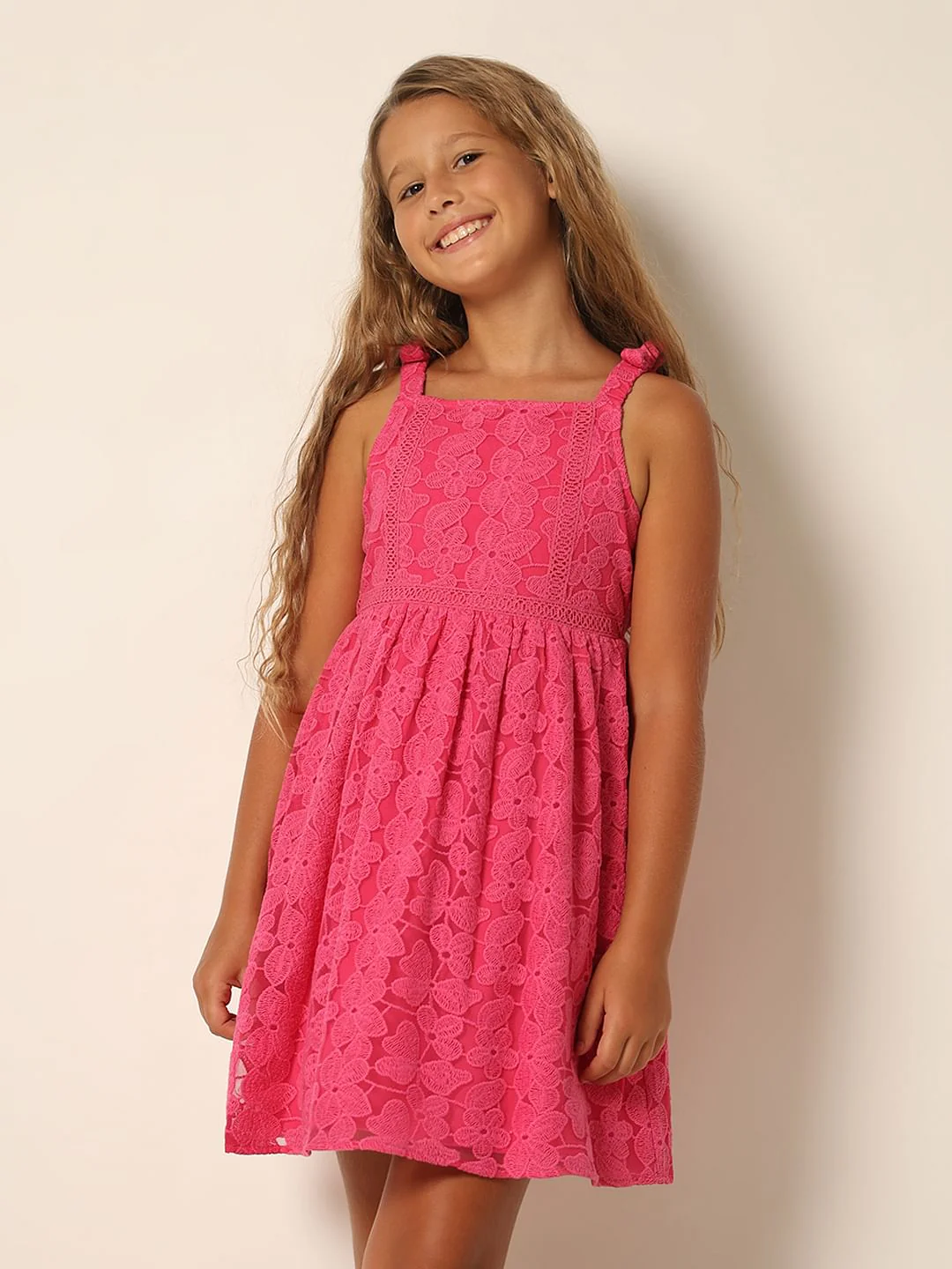 Girls Pink Lace Fit & Flare Dress - Image 2