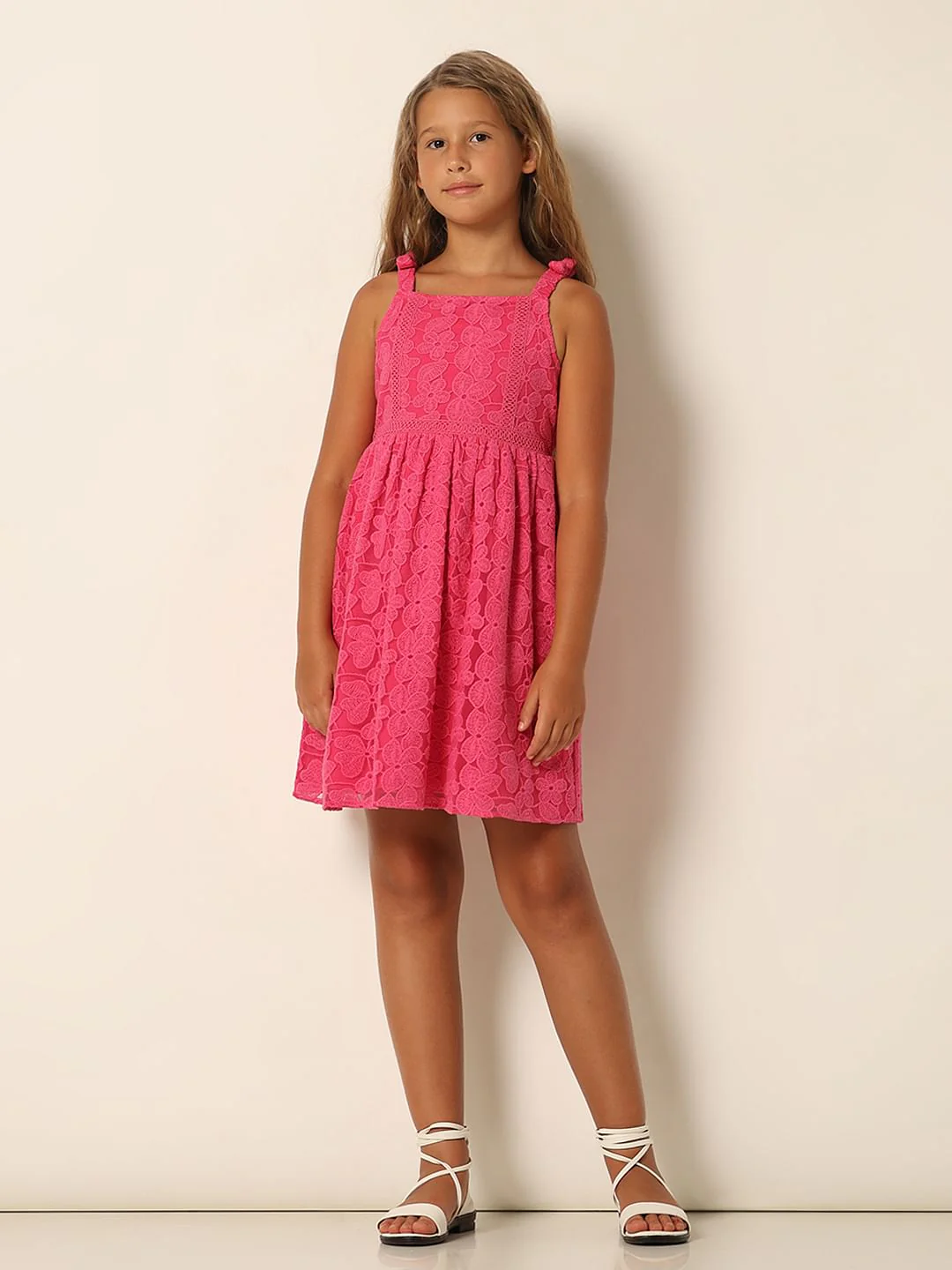 Girls Pink Lace Fit & Flare Dress - Image 5