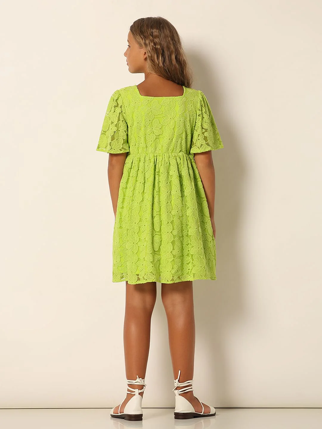 Girls Green Lace Fit & Flare Dress - Image 3