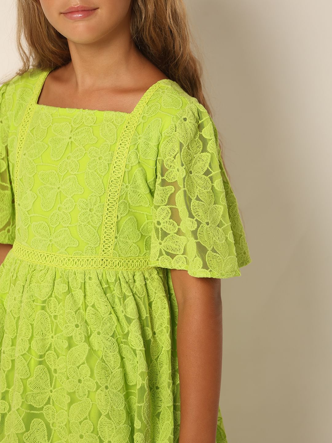 Girls Green Lace Fit & Flare Dress - Image 4