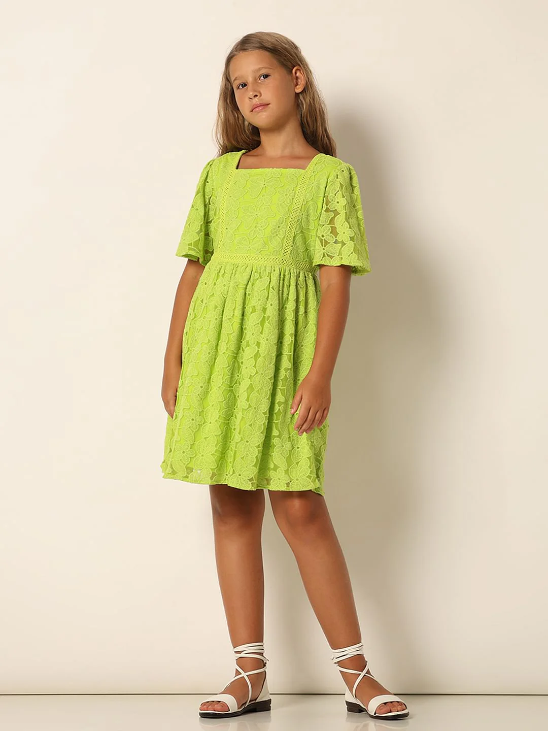 Girls Green Lace Fit & Flare Dress - Image 5