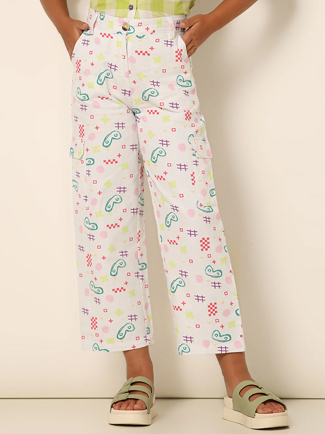 Girl White Mid Rise Printed Wide Leg Pants - Image 2