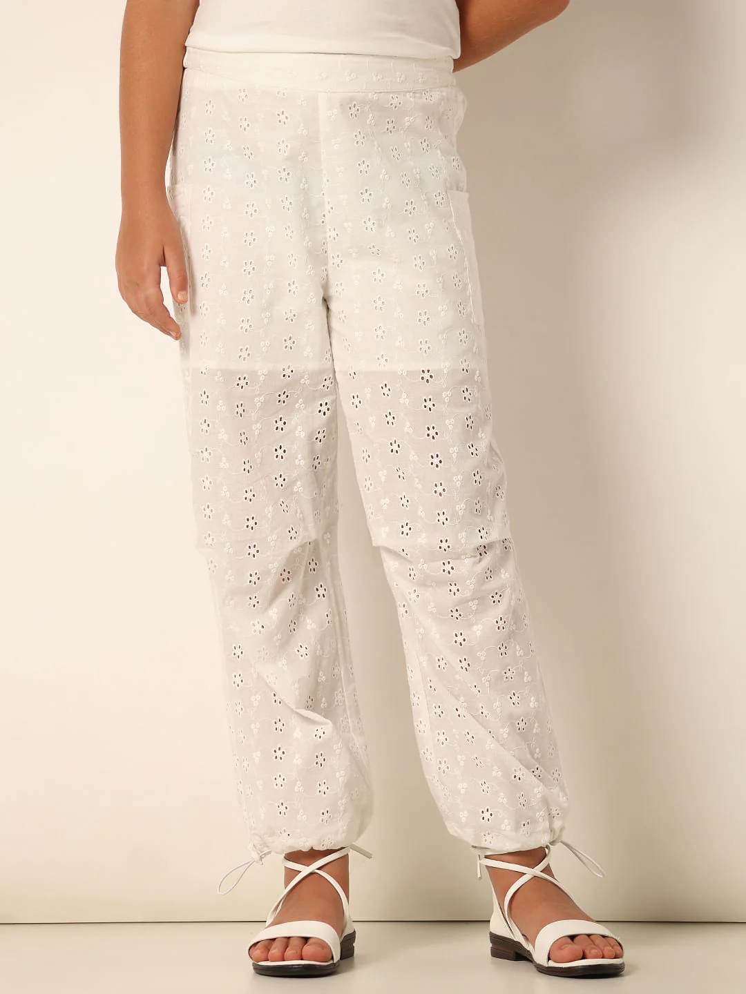 White Schiffli Cotton Joggers - Image 2