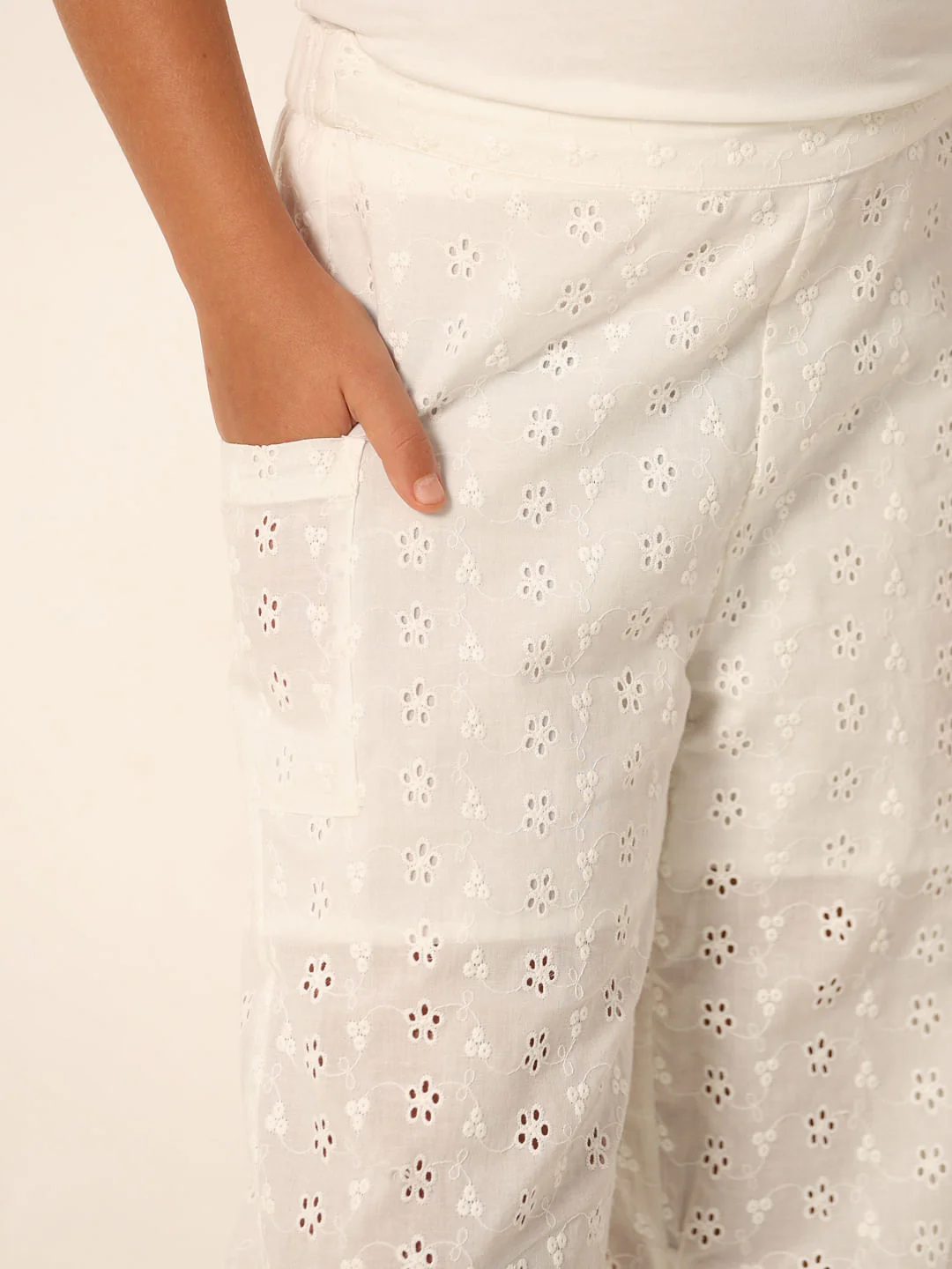 White Schiffli Cotton Joggers - Image 4