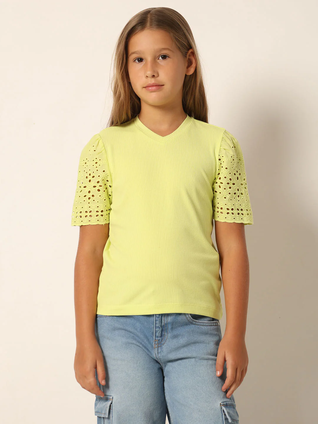 Lime Schiffli Sleeves T-Shirt - Image 2