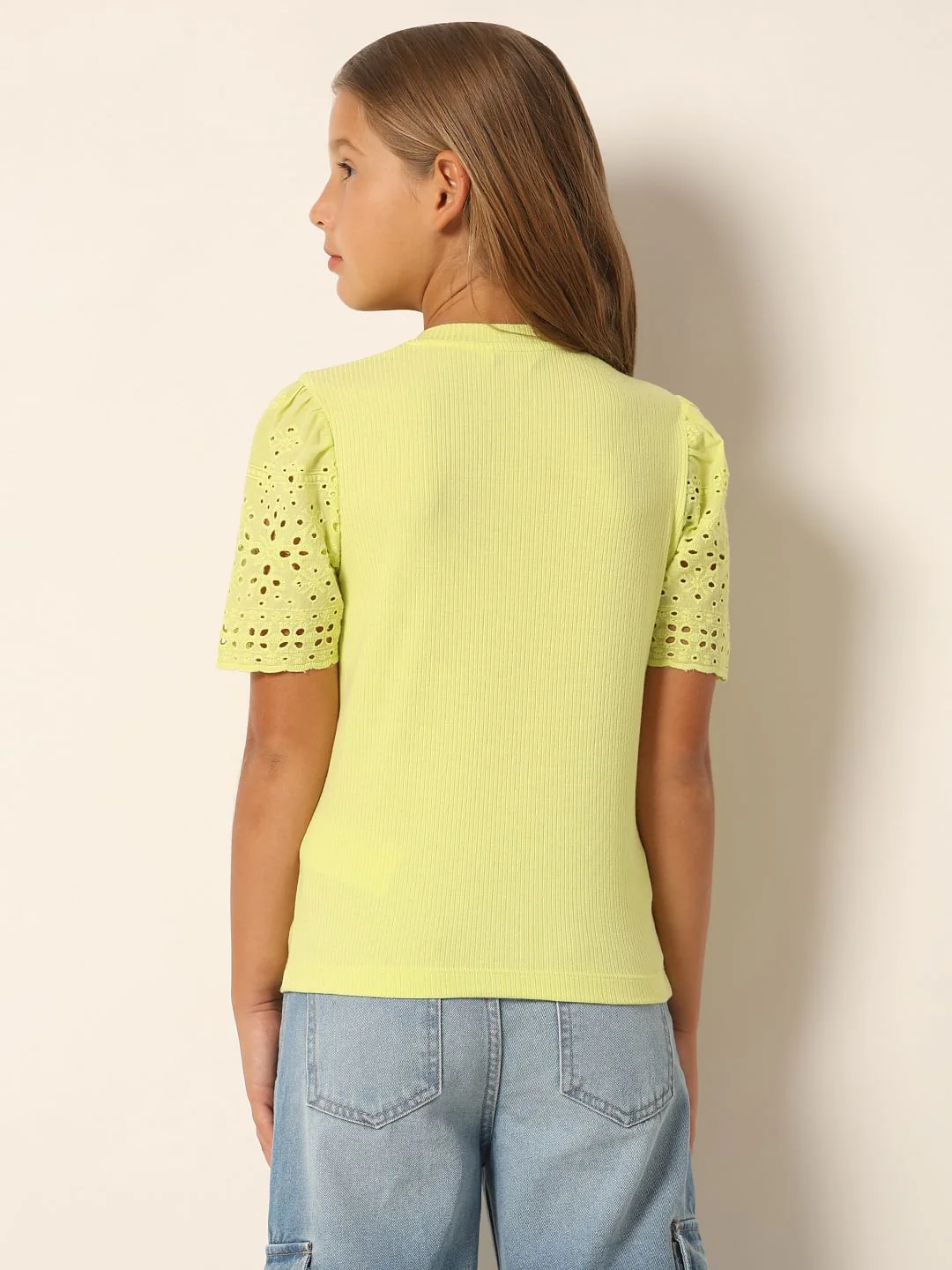 Lime Schiffli Sleeves T-Shirt - Image 3