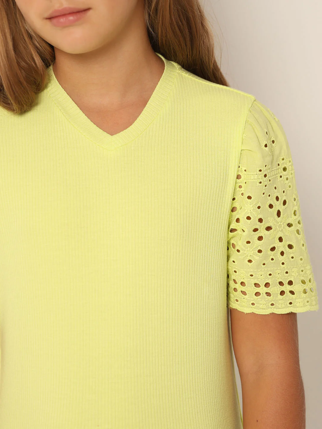 Lime Schiffli Sleeves T-Shirt - Image 4