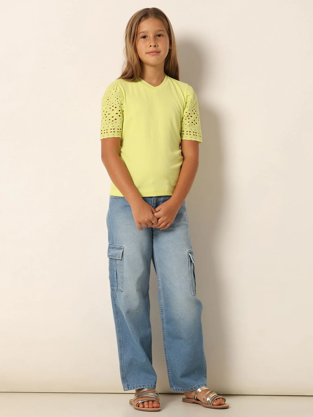Lime Schiffli Sleeves T-Shirt - Image 5
