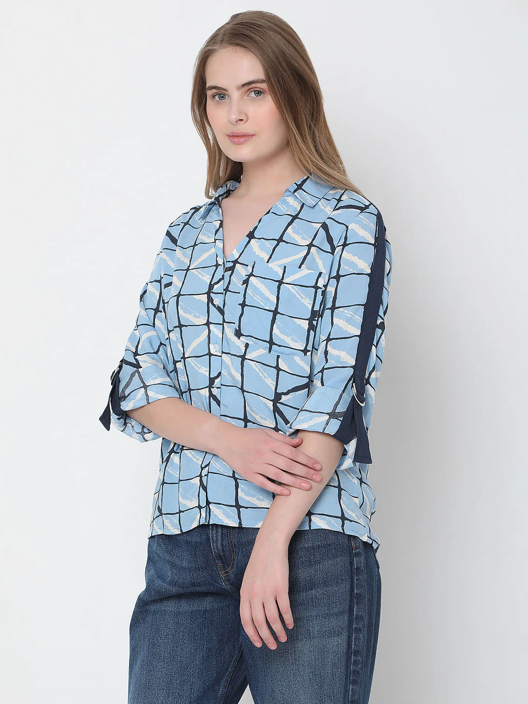 Blue Grid Print Shirt - Image 3