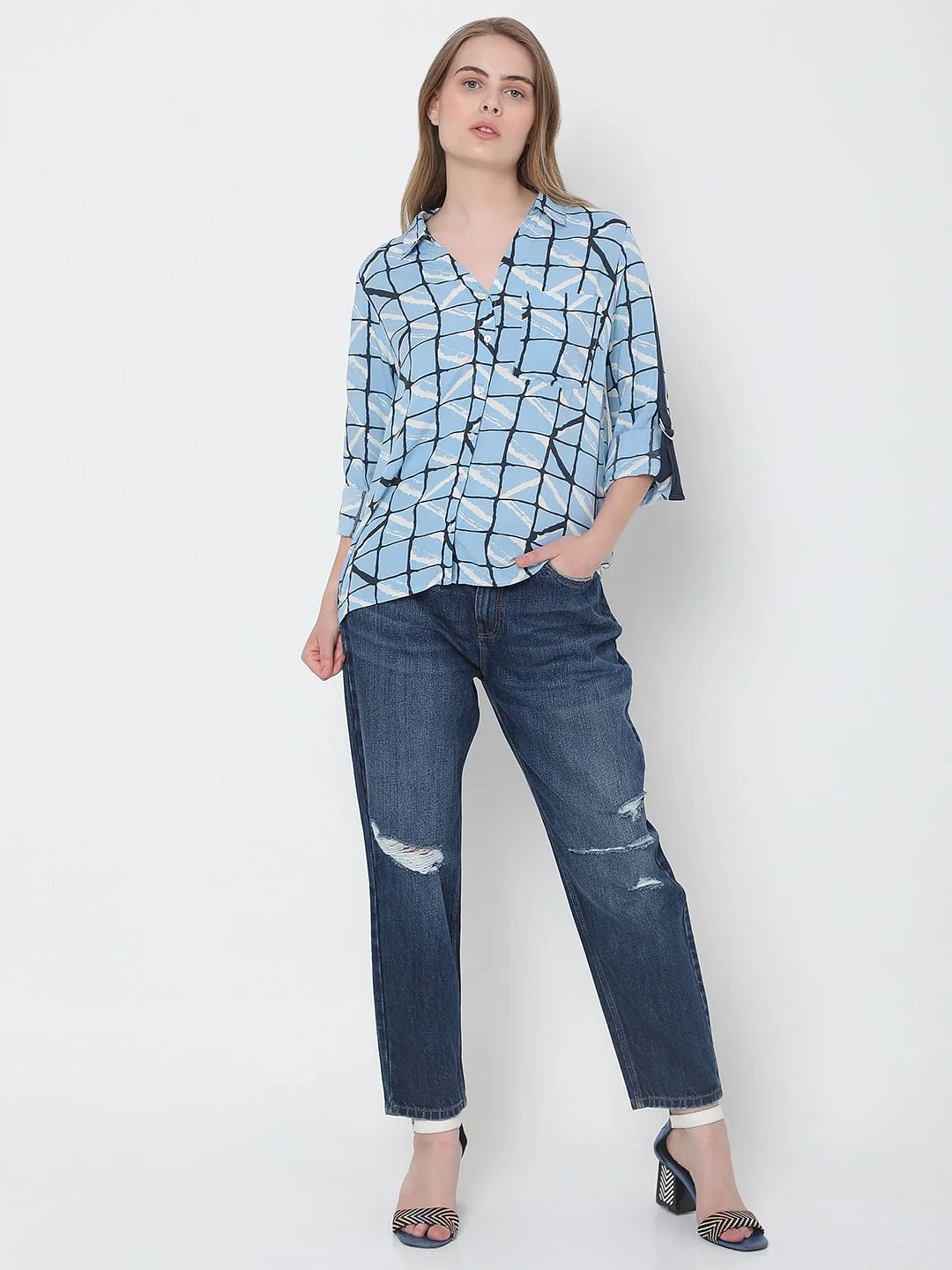 Blue Grid Print Shirt - Image 5