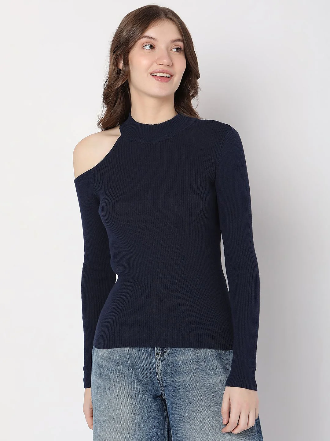 Navy Blue Cut-Shoulder Sweater - Image 2