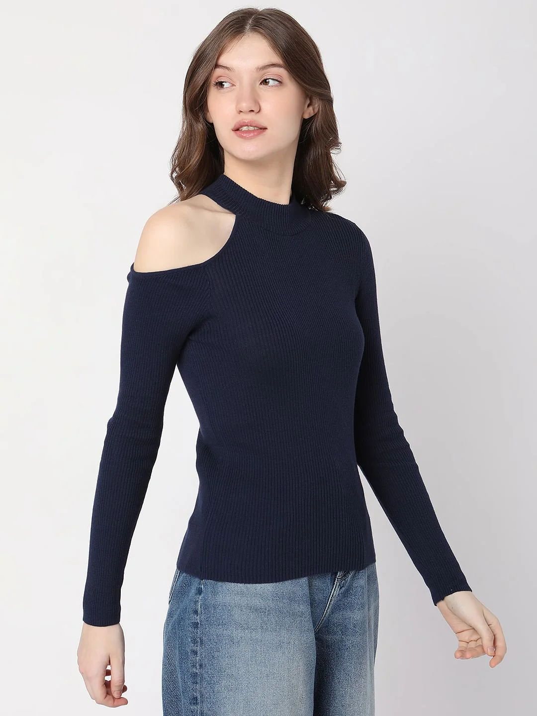 Navy Blue Cut-Shoulder Sweater - Image 3