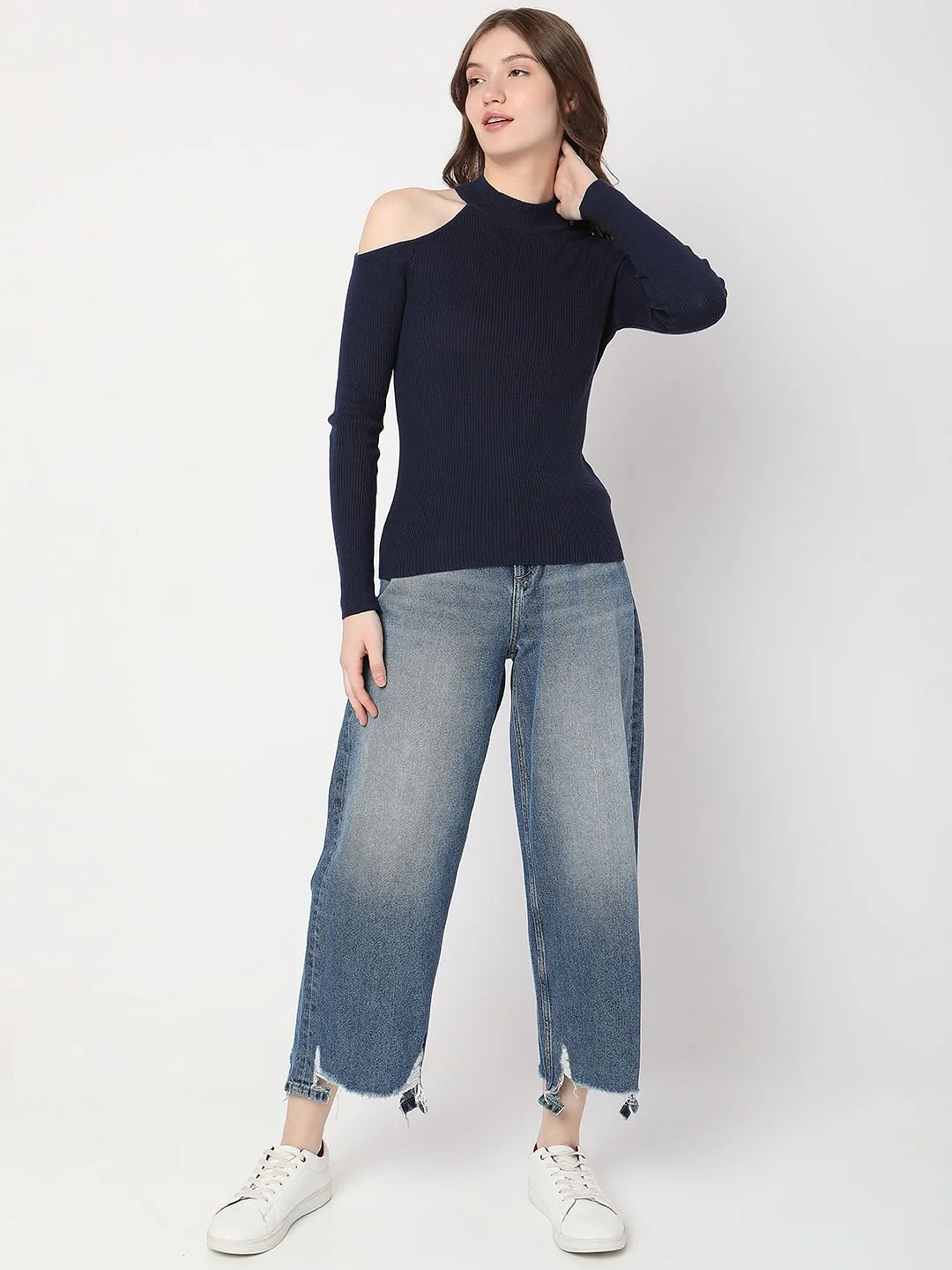 Navy Blue Cut-Shoulder Sweater - Image 5