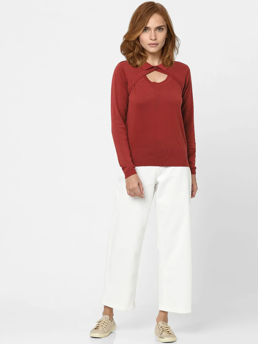 Red Peephole Detail Sweater - Image 4