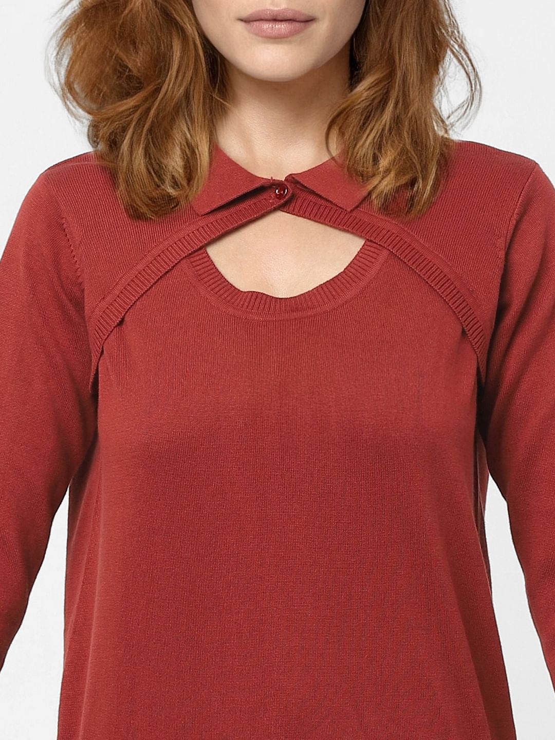 Red Peephole Detail Sweater - Image 5