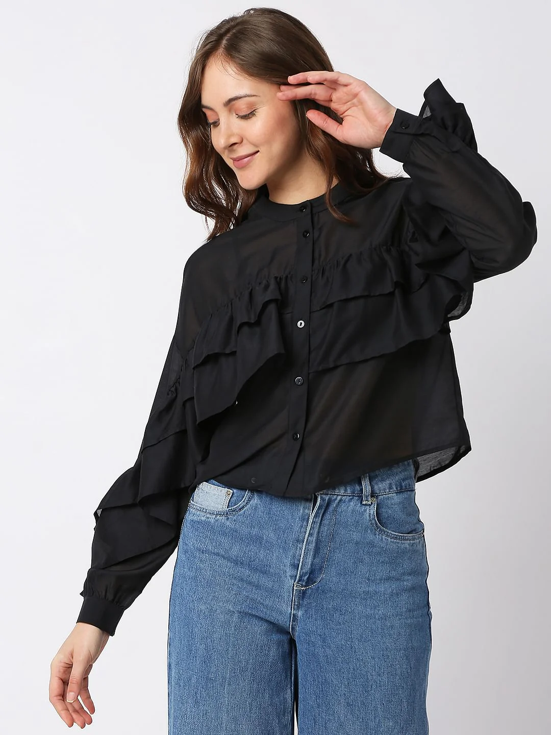Black Ruffle Cropped Shirt - Image 2