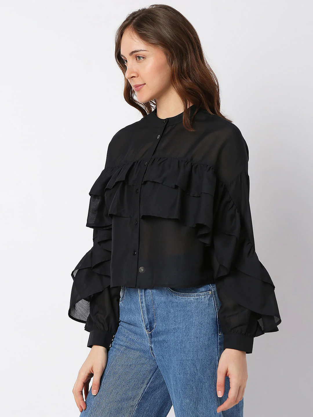 Black Ruffle Cropped Shirt - Image 3