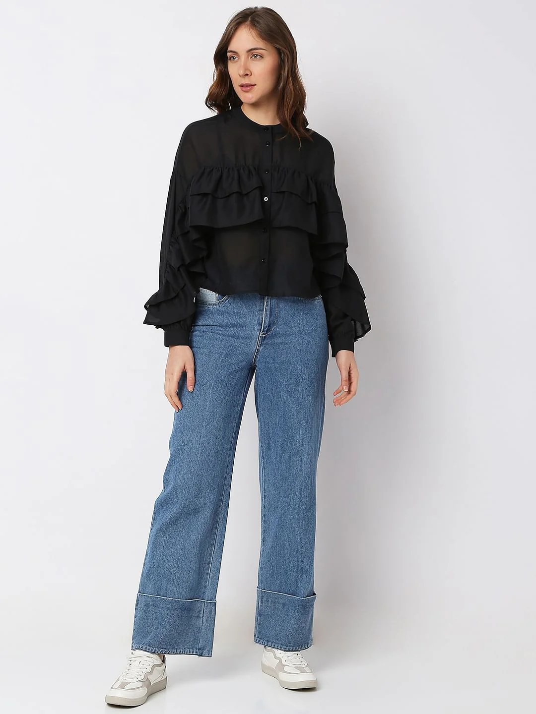 Black Ruffle Cropped Shirt - Image 5