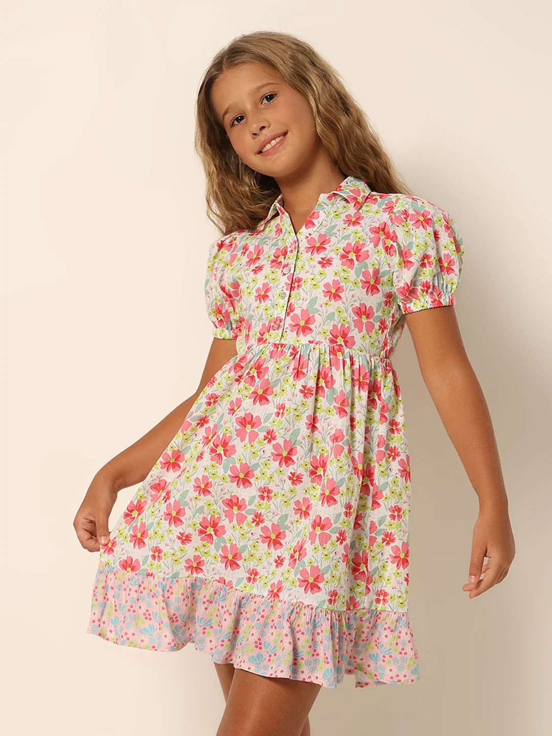 Girls White Floral Fit & Flare Dress - Image 2