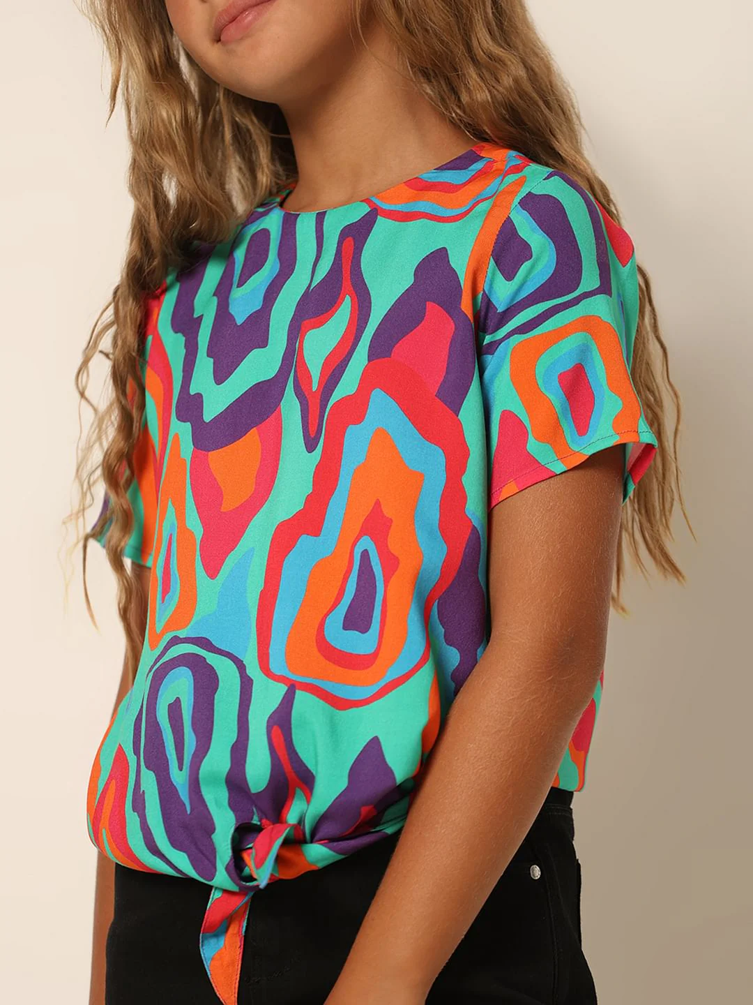Girls Green Printed Front Tie-Up Top - Image 4