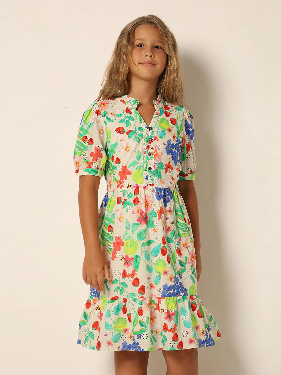 Girls White Floral Textured Dress - Image 2