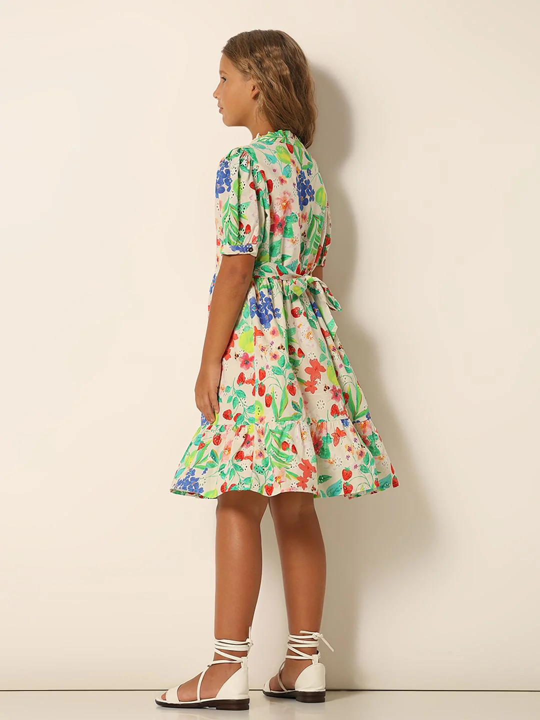 Girls White Floral Textured Dress - Image 3