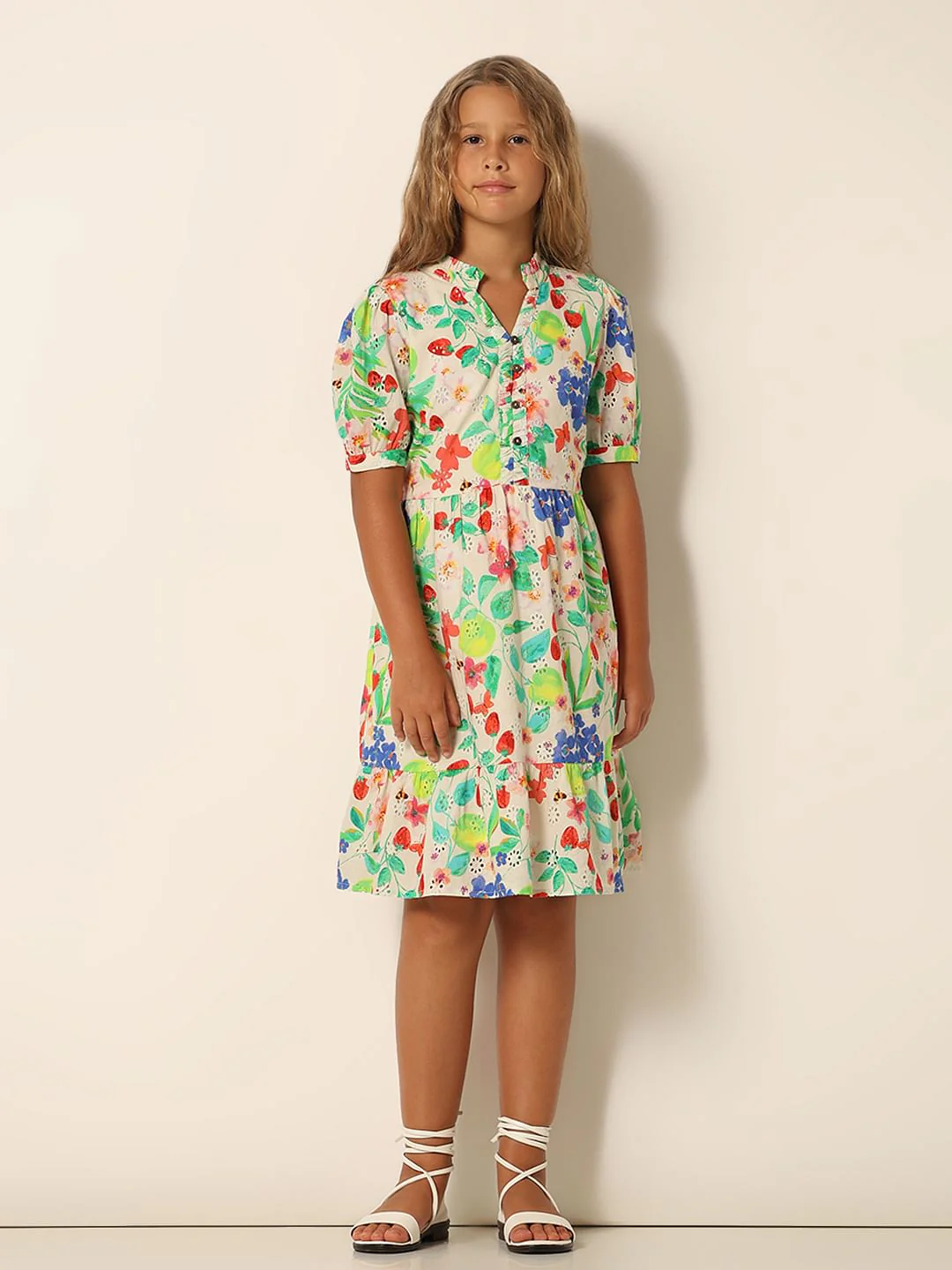 Girls White Floral Textured Dress - Image 5