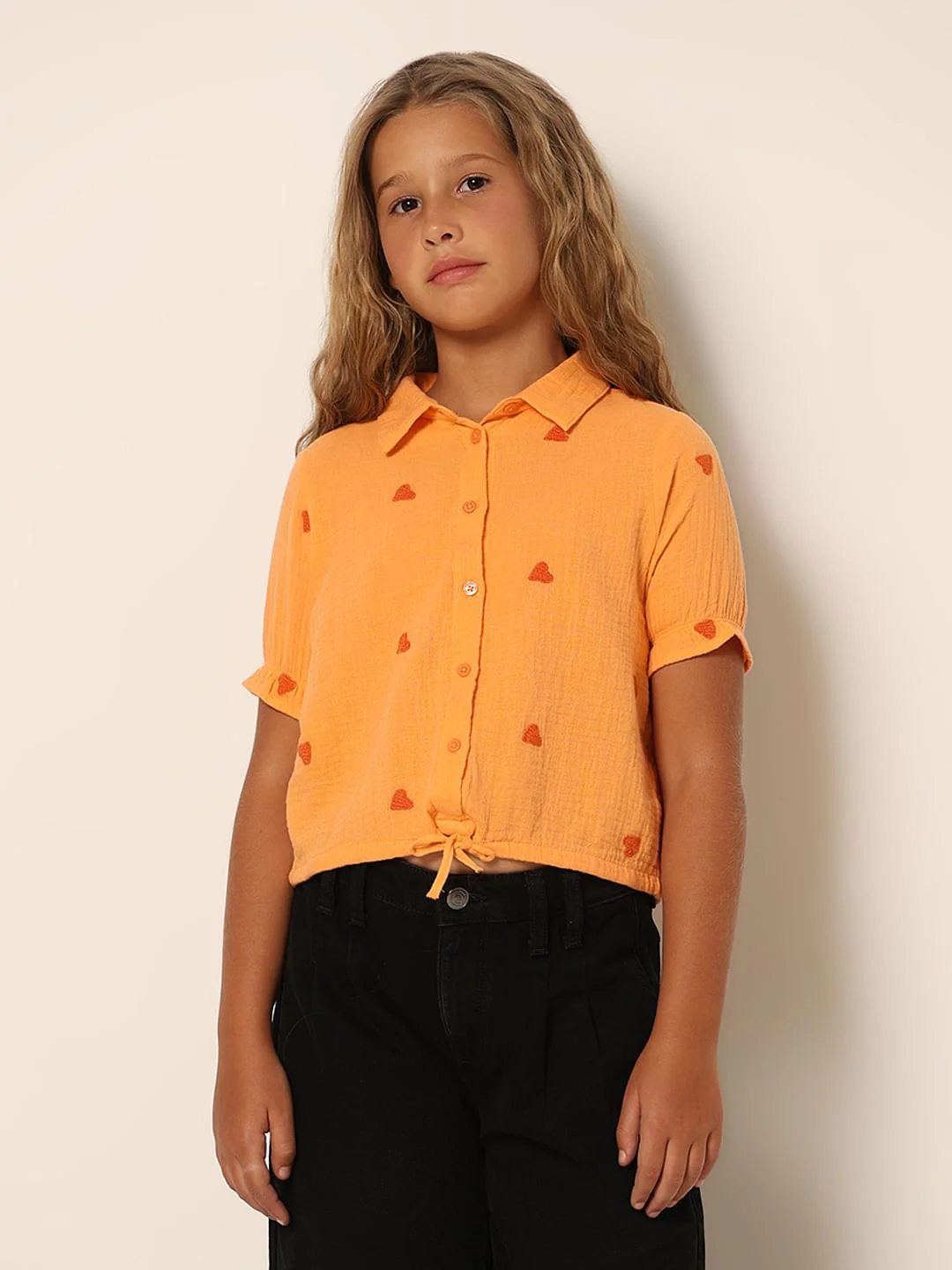 Girls Orange Embroidered Shirt - Image 2