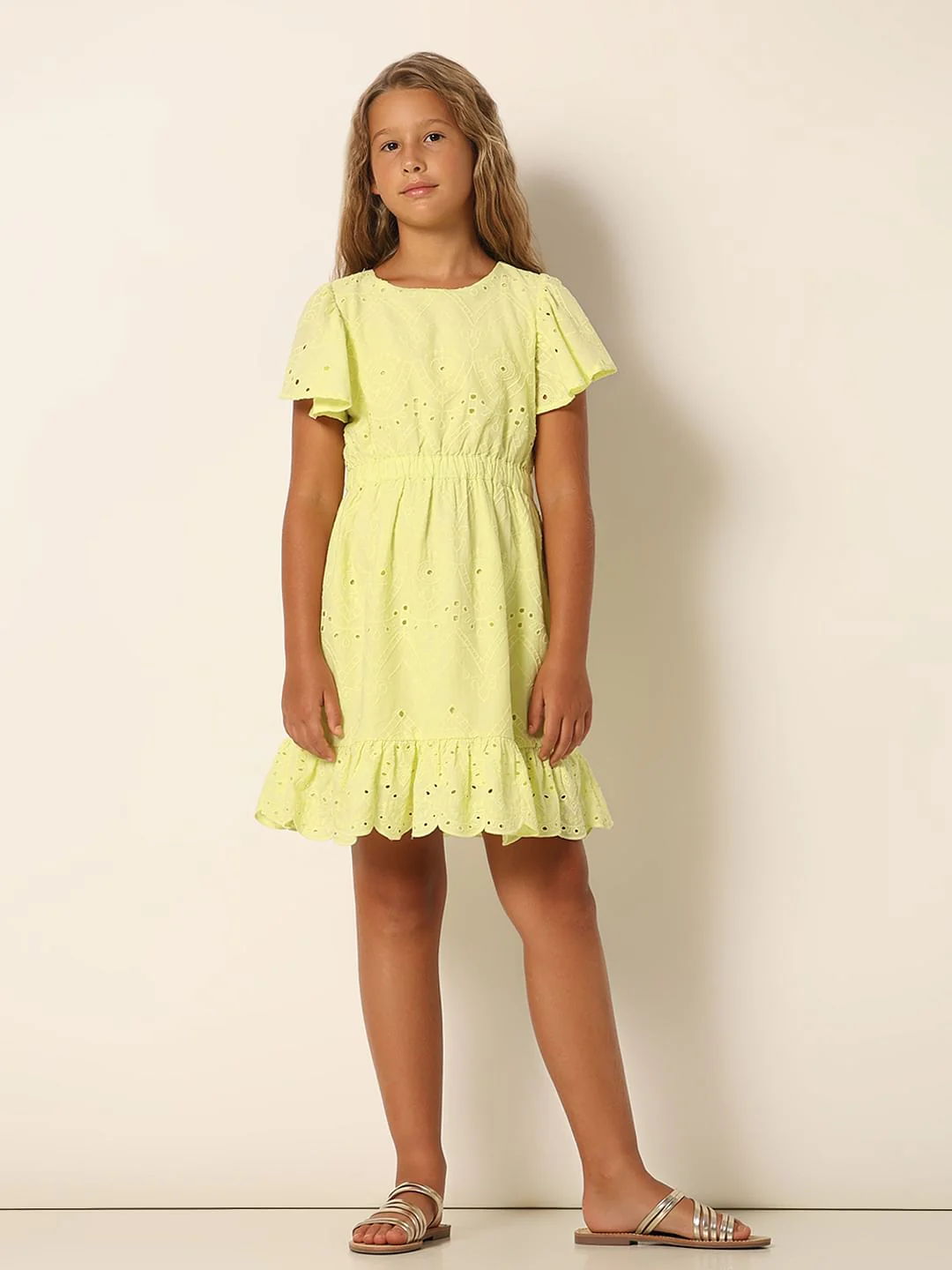 Girls Green Schiffli Fit & Flare Dress - Image 5