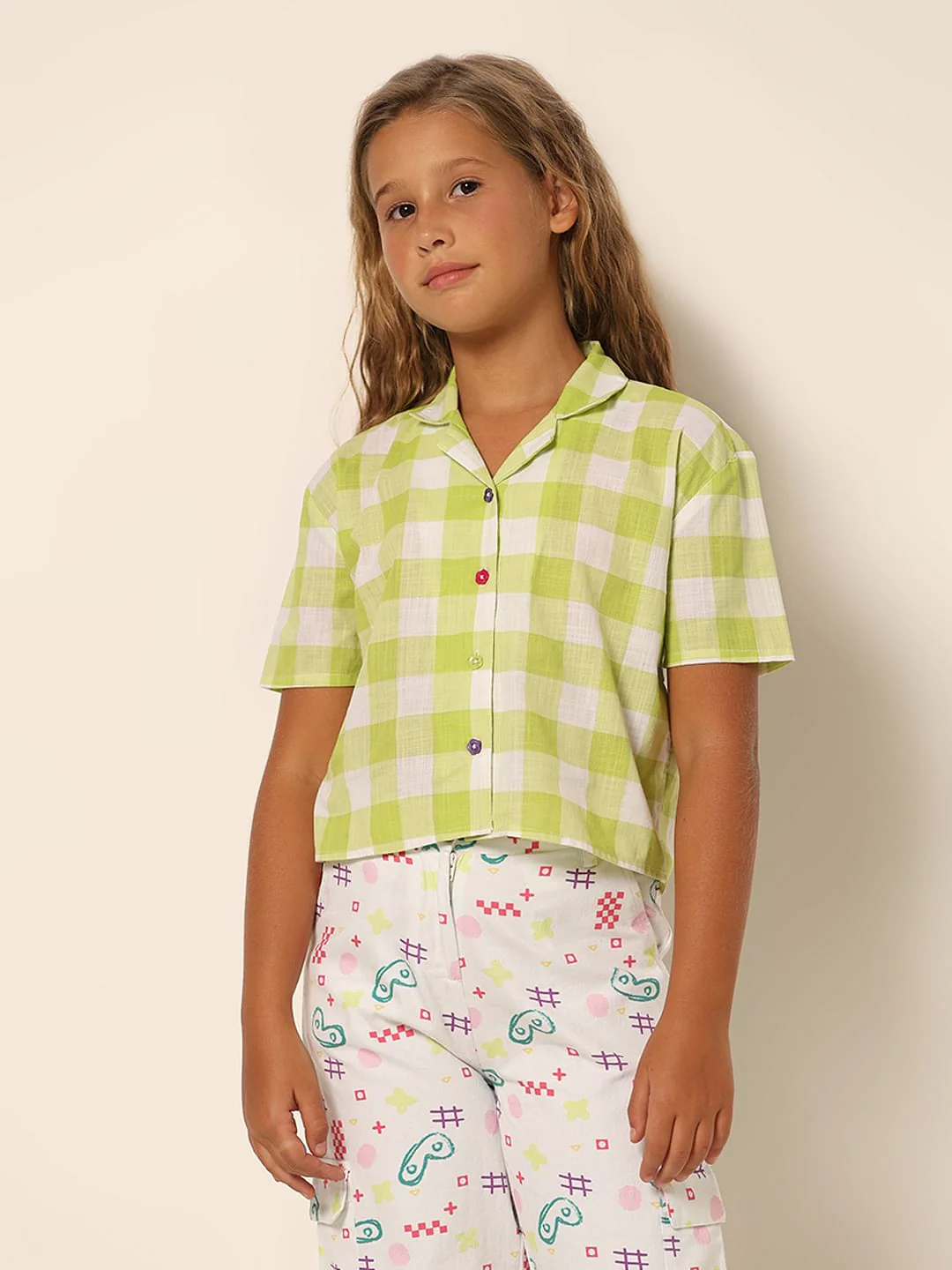 Girls Green Check Cotton Shirt - Image 2