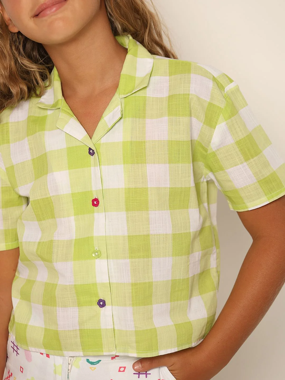 Girls Green Check Cotton Shirt - Image 4