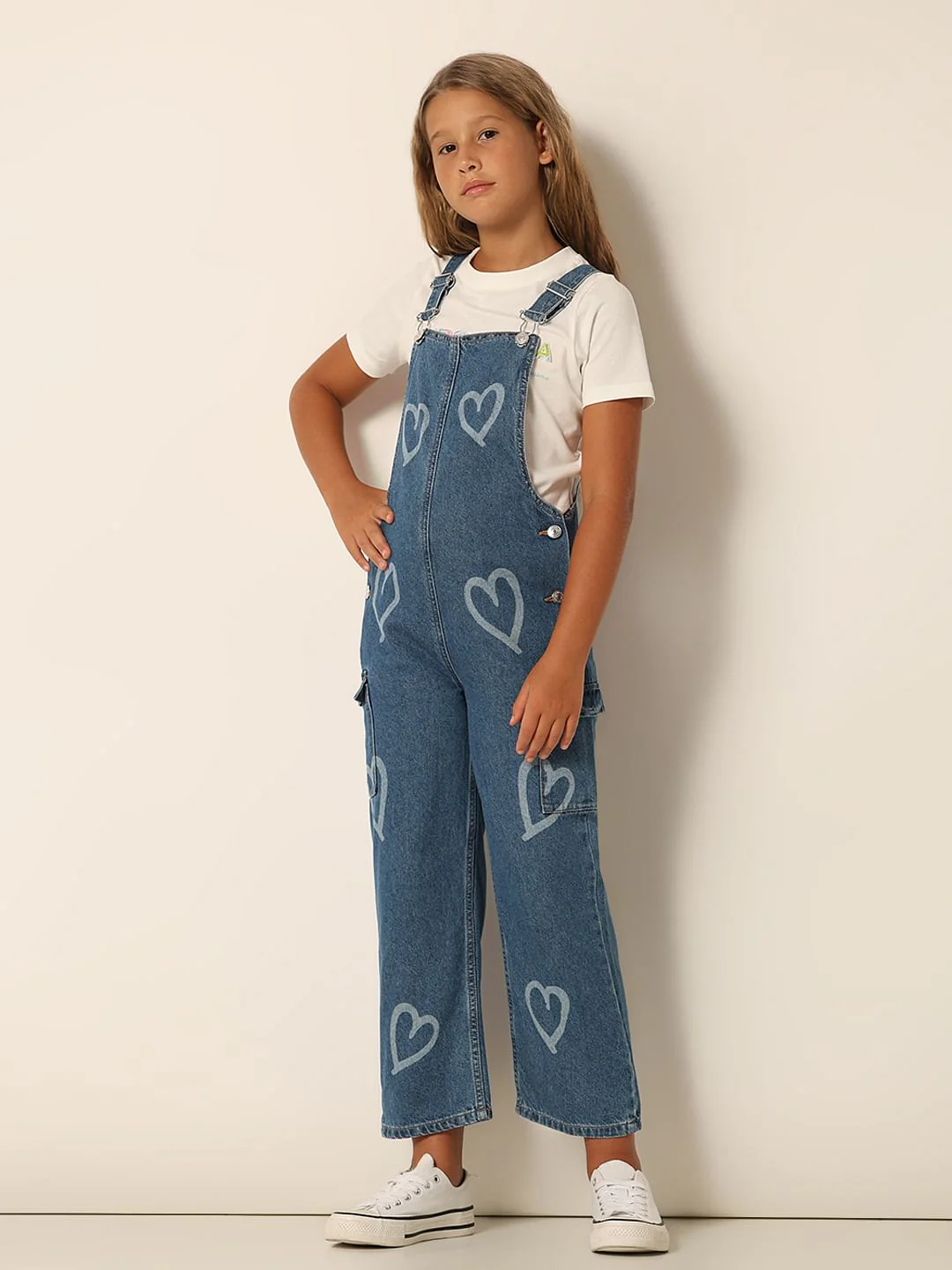Blue Heart Print Denim Dungaree - Image 2