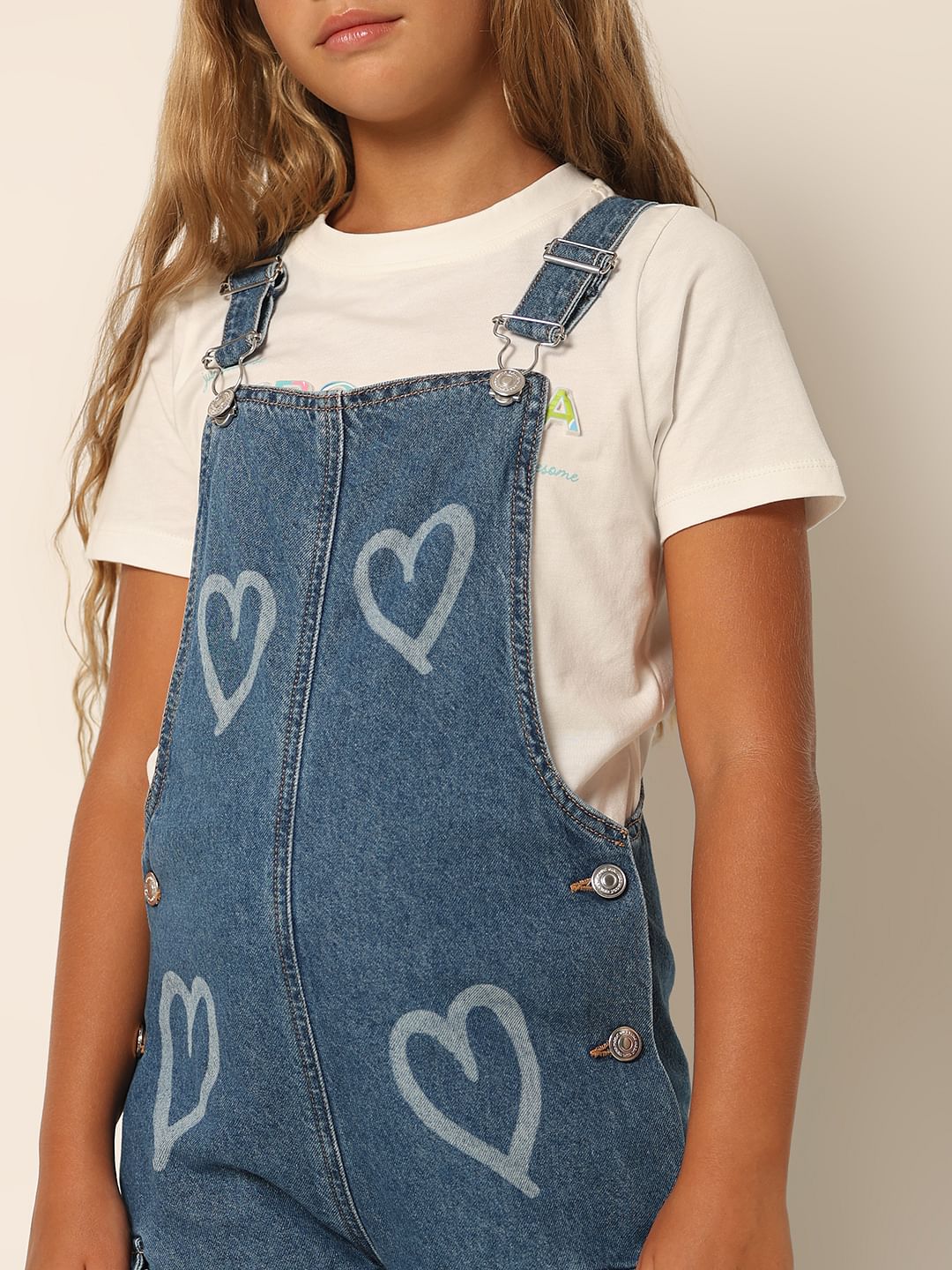 Blue Heart Print Denim Dungaree - Image 4